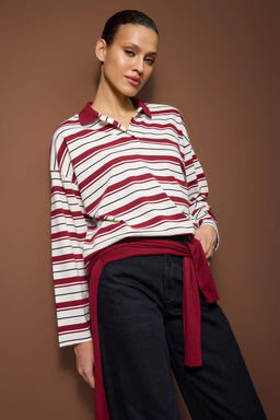 Bordo Cizgili Polo Yaka Oversize/Genis Kal?p Orme Sweatshirt TWOAW26SW00051