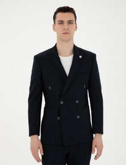 Lacivert Ekstra Slim Fit _izgili Kruvaze Tak_m Elbise