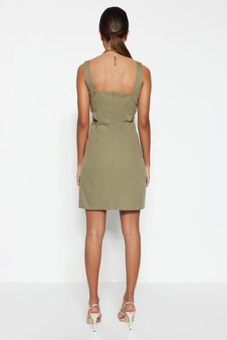 Haki A-Kesim Mini Pamuklu Bel Dekolteli Kare Yaka Astarl? Dokuma Elbise TWOSS23EL00596