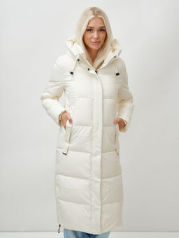 Пальто утепленное стеганное зимнее с капюшоном женское бежевого цвета 9608B