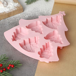 Форма для выпечки новогодняя Доляна Ёлочки, силикон, 22?20.6?2.5 см, 6 ячеек, розовая  фото 2