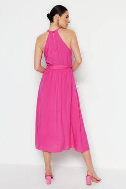 TRENDYOLMILLA Ac?k Kahverengi Kusakl? Duz Beli lastikli Kusakl? Midi Dokuma Elbise TWOSS19EL0155  фото 30