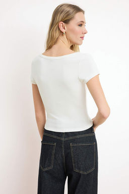 Ekru Fitted/Vucuda Oturan V Yaka K?sa Kollu Pamuk Ribana Orme T-Shirt TWOSS26TS00125 - Trendyolmilla фото 4