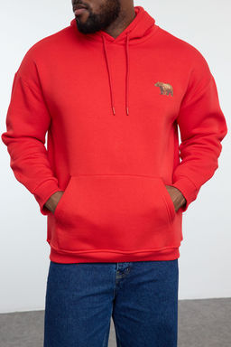 TRENDYOL MAN Buyuk Beden K?rm?z? Oversize/Genis Kesim Kapusonlu Ici Polarl? Sweatshirt TMNAW25AO00005 - Trendyolmilla фото 3