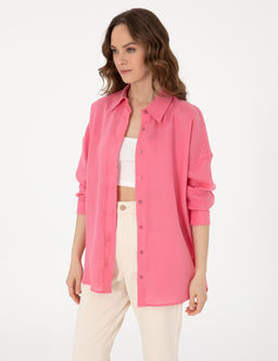 Pembe Oversize Uzun Kollu %100 Keten G_mlek