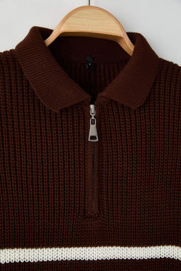 TRENDYOL MAN Vizon Casual Oversize Polo Yaka Cizgili Triko Kazak TMNAW24KZ00018 - Trendyolmilla фото 27