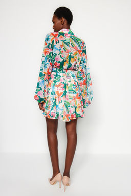 Cok Renkli Cicek Desenli Belden Ac?lan Mini Astarl? Sifon Ucus Ucus Dokuma Elbise TWOAW24EL00841