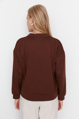 TRENDYOLMILLA Kahverengi Regular/Normal Kal?p Basic Polo Yaka Regular Ince Orme Sweatshirt TWOAW23SW00003  фото 6