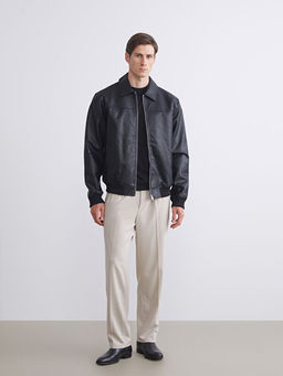 Standart Kal?p G?mlek Yaka Erkek Deri G?r?n?ml? Ceket