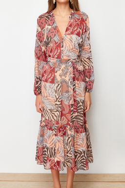 TRENDYOLMILLA Cok Renkli Kusakl? Etnik Desenli Etegi Volanl? Astarl? Midi Dokuma Elbise TWOAW24EL00356  фото 15