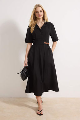 Siyah Duz Etegi Belden Ac?lan Midi Dokuma Elbise TWOSS25EL00060