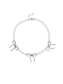 Колье «Бантик» с жемчугом, белое в серебре