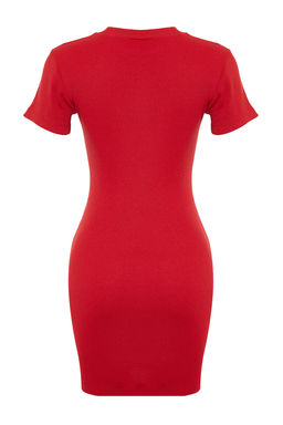 K?rm?z? Vucuda Oturan K?sa Kollu Bisiklet Yaka Mini Fitilli Esnek Orme Kalem Elbise TWOSS22EL2822 - Trendyolmilla фото 8