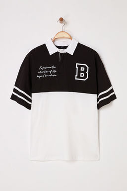 TRENDYOL MAN Siyah Oversize/Genis Kesim Renk Bloklu Brooklyn Bask?l? Polo Yaka T-shirt TMNSS25PO00029 - Trendyolmilla фото 7