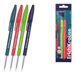 Цена за 12 шт. Набор из 4 ручек шариковых ErichKrause Slender® Stick Reef 0.7, Super Glide Technology, цвет чернил синий (в пакете)