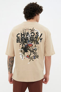 Bej Oversize/Geni_ Kesim S_rt Yaz_ Bask_l_ %100 Pamuklu T-Shirt TMNSS21TS2037