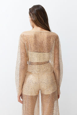Bej Crop Astars?z Par?lt?l? Payetli Orme File Bluz TPRSS24BZ00009 - Trendyolmilla фото 6