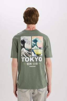 %100 Pamuk Art Hokusai Regular Fit Bisiklet Yaka S_rt Bask_l_ K_sa Kollu Ti__rt - Defacto фото 7