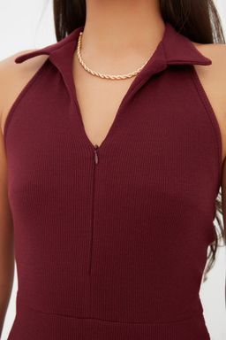Bordo Vucuda Oturan Polo Yaka Mini Fitilli Esnek Orme Kalem Elbise TWOSS22EL1981