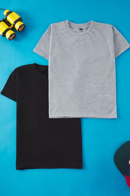 Siyah-Gri 2li Erkek Cocuk Pamuklu Basic Oversize/Genis Kal?p Orme T-Shirt TKDSS25TS00052