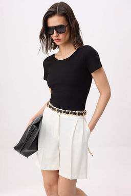 Siyah Vucuda Oturan K?sa Kollu C?tc?tl? Fitilli Esnek Orme Body TWOSS26BD00027