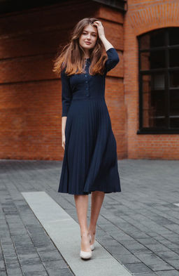 Платье с юбкой гофре темно-синий