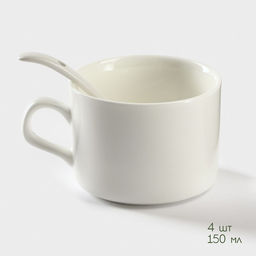 Набор кружек керамический на подставке из бамбука BellaTenero, 9 предметов: 4 кружки 150 мл, 4 ложки, подставка, белый