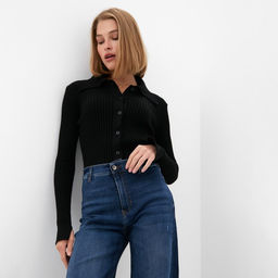 Джемпер женский на пуговицах MINAKU: Knitwear collection, чёрный, размер 46-48