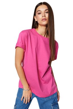 TRENDYOLMILLA Beyaz %100 Pamuk Bisiklet Yaka Oversize/Genis Kal?p Orme T-Shirt TWOSS20TS0134 фото 7