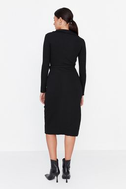 Trendyolmilla Siyah Vucuda Oturan Uzun Kol Polo Yaka Fitilli Dugmeli Esnek Midi Orme Elbise TWOAW23EL00115 фото 9