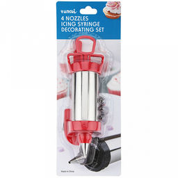 Кондитерский шприц Крем-чиз 19х6,3х6,3см, нержавеющая сталь; насадка для крема - 4 штуки, нержавеющая сталь; лопатка 18,7см, пластик; цвет - красный, в блистере (Китай)