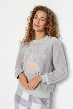 Trendyolmilla Gri Wellsoft Lama Desenli K?sl?k Orme Pijama Tak?m? THMAW24PT00029