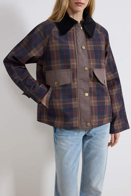 Cok Renkli Ekose Desenli Kadife Yakal? Oversize Mont TWOSS26MO00009 - Trendyolmilla фото 3