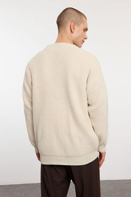 Bej Oversize Fit Couple/Cift Genis Kal?p Bisiklet Yaka Basic Triko Kazak TMNAW23KZ00189