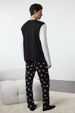 Trendyolmilla Man Erkek Siyah Bask?l? Regular Fit Orme %100 Pamuk Pijama Tak?m? TMNAW25PT00000  фото 5