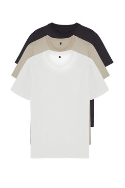 Tas-Ekru-Antrasit Slim/Dar Kesim Bisiklet Yaka Basic %100 Pamuklu 3lu Paket T-Shirt TMNSS19BO0007