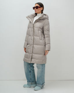 Пальто зимнее утепленное с капюшоном женское бежевого цвета 7618B