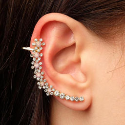 Серьга Кафф ромашка, цвет бело-розовый в золоте