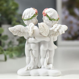 Фигурка полистоун Ангелочки в розовых веночках с сердцем из роз, 10?8.5?5.5 см