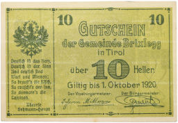 Банкнота 10 геллеров 1920 года Австрия  община Брикслегг в Тироле (Нотгельд)