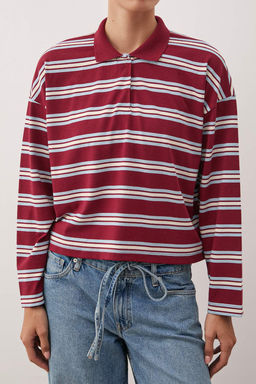 Bordo Cizgili Polo Yaka Oversize/Genis Kal?p Orme T-Shirt TWOAW26TS00020