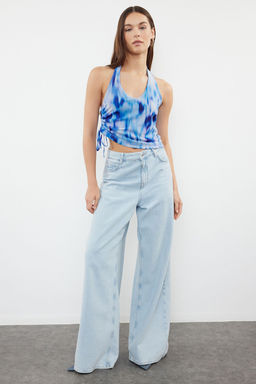 Trendyolmilla Pembe Soyut Desenli Boyundan Baglamal? Buzgu/Drape Detayl? Vucuda Oturan Orme Bluz TWOSS24BZ00630