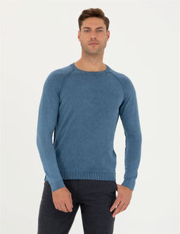 Koyu Mavi Slim Fit Bisiklet Yaka Triko Kazak