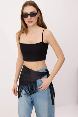 Siyah Fitted Super Crop Ask?l? Straplez Kolsuz Pamuk Ribana Orme Atlet TWOSS26AL00044