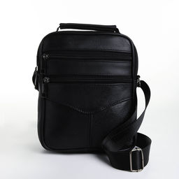 Сумка мужская, через плечо, прессованная кожа, 3 наружных кармана, чёрная