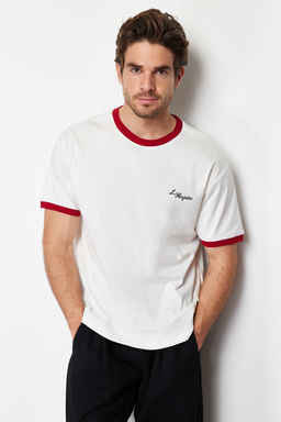 Ekru Oversize/Genis Kesim Bask?l? Renk Bloklu %100 Pamuklu T-Shirt TMNSS24TS00103