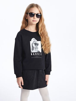 Bisiklet Yaka Barbie Bask?l? Uzun Kollu K?z ?ocuk Sweatshirt