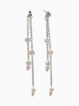 Серьги жемчуг "Цепочки" двойные, цвет белый в серебре