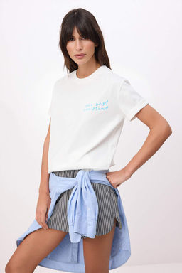 Ekru Bask?l? Oversize/Genis Kal?p K?sa Kollu %100 Pamuk Orme T-Shirt TWOSS26TS00116 - Trendyolmilla фото 2