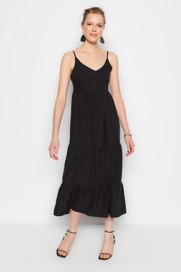 Siyah Etegi Volanl? S?rt Baglama Detayl? Ask?l? Maxi Dokuma Elbise TWOSS23EL00027